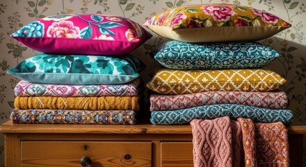 Naklejka premium Neatly stacked bright patterned cushion covers and a knitted throw on wooden furniture