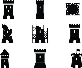 Medieval castle tower icons set, black silhouette fortress and bastion symbols, 9 vector stone turret elements for gaming and heraldry © Insa Batool