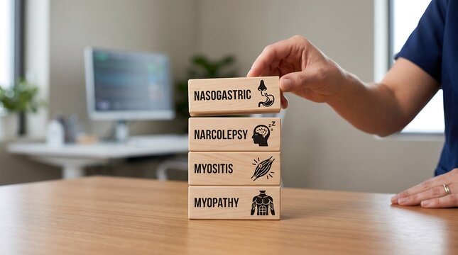 Person stacking wooden blocks with medical terms on a desk in office