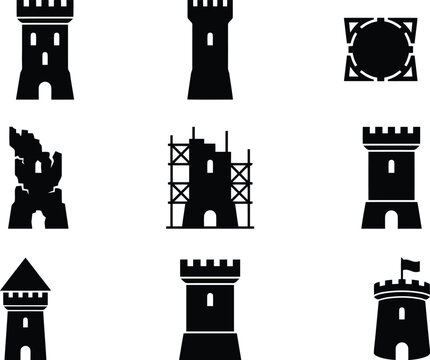 Medieval castle tower icons set, black silhouette fortress and bastion symbols, 9 vector stone turret elements for gaming and heraldry