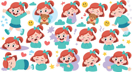 Naklejka premium Vector illustration of cartoon child with expressive emotions, playful poses and decorative elements in decorative design