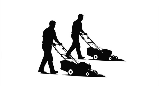 Two men pushing lawn mowers black silhouette high quality professional detailed