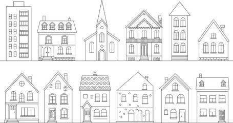 Fototapeta premium Vector illustration of diverse buildings including houses, apartments, church and Victorian architecture in decorative design
