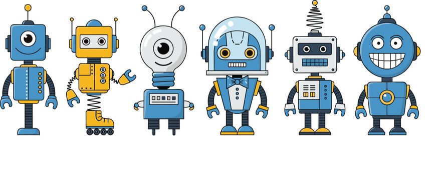 Collection of cute friendly robot characters with various designs including cyborgs and androids for technology and artificial intelligence concepts flat vector illustration