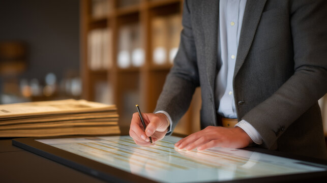 Regtech compliance calendar interface populates automated audit deadlines across a large touchscreen display in a legal operations suite. An attorney annotates a printed regulatory change summary be