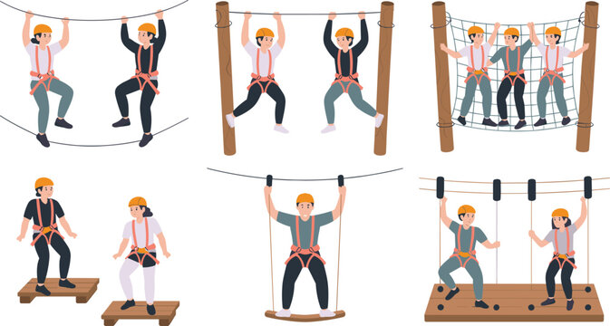 Vector illustration of rope course activities with people in harnesses and helmets in decorative design