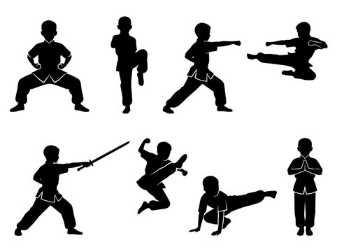 Martial Arts Kids Silhouettes Set, Children Practicing Kung Fu, Karate Poses and Sword Training, Sports Discipline and Combat Exercise Vector