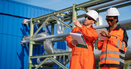 Plakat Industrial engineers wearing safety uniforms and helmets inspecting pipeline system at factory, teamwork and maintenance concept, energy industry workers using tablet and documents for technical 