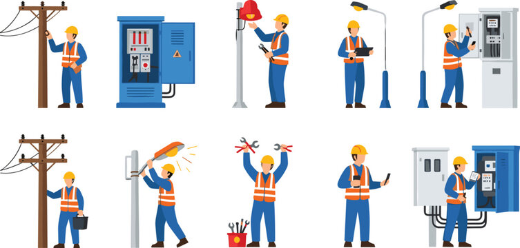 Professional electrician and lineman characters working on power lines street lights and electrical control panels flat vector illustration set.