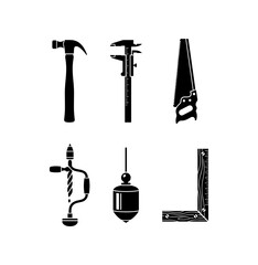 Obraz premium Professional Carpentry and Construction Hand Tools Icon Set, Hammer Caliper Saw Manual Drill Plumb Bob and Square Ruler Black Vector Symbols