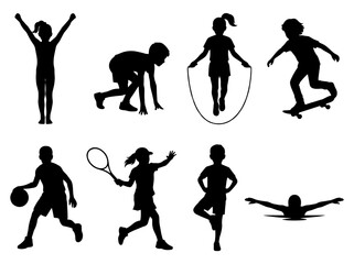 Naklejka premium Kids Sports Activities Silhouettes Set, Children Playing Basketball Tennis Swimming Skipping Rope and Skateboard Vector Icons for Active Lifestyle