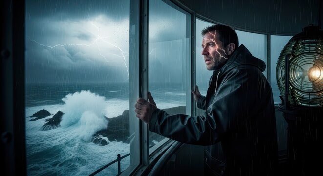 Concerned man watches a violent storm crashing against the coast from inside a lighthouse.