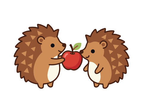 Two Cute Cartoon Hedgehogs Sharing a Red Apple Vector Illustration, Adorable Forest Animals Character Design for Kids and Greeting Cards Concept