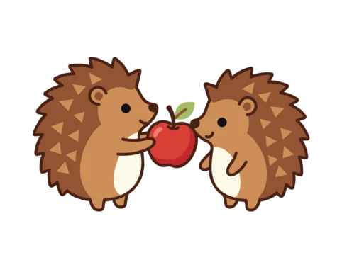 Two Cute Cartoon Hedgehogs Sharing a Red Apple Vector Illustration, Adorable Forest Animals Character Design for Kids and Greeting Cards Concept