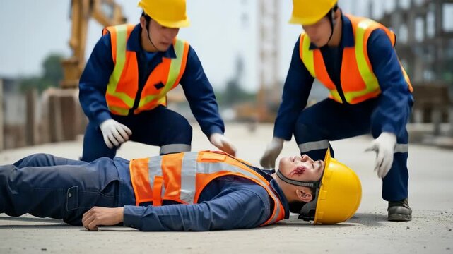 Injured construction worker on ground, colleagues approaching and performing first aid at construction site for safety at job