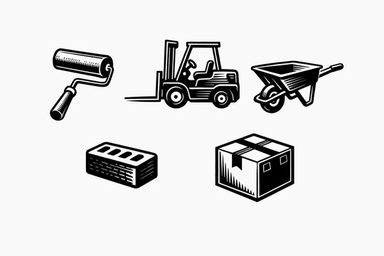 Iconos retro de construcci&oacute;n y almac&eacute;n