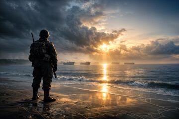 Fototapeta premium D-Day June 6 World War II lone soldier silhouette on Normandy shoreline at dawn remembrance courage sacrifice liberation invasion veterans memorial