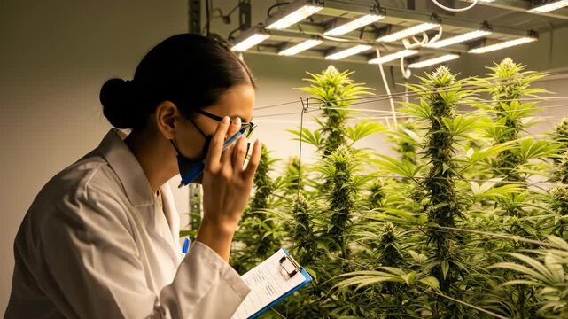 Woman scientist records plant growth data under led lights. Greenhouse research on cannabis cultivation and quality control.