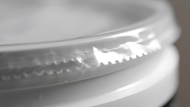 Closeup of a white plastic container lid with a clear plastic seal.