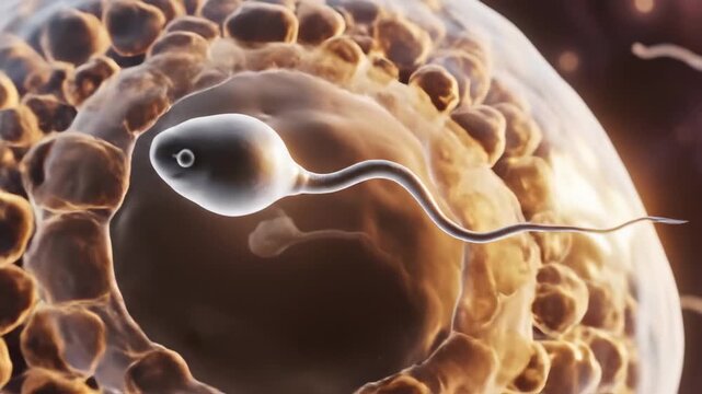 This shows a detailed, microscopic view of a sperm fertilizing an egg, a crucial step in IVF and pregnancy. The animation illustrates the beginning of human life in a laboratory setting.