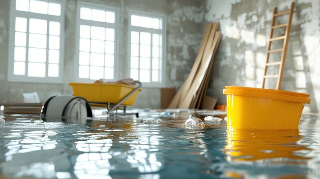 Flooded basement interior with construction materials and yellow buckets