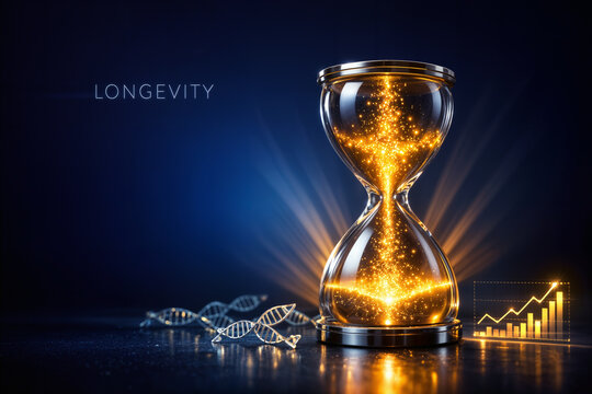 Longevity dividend concept hourglass with upward glowing golden particles DNA strands senolytic life extension silver economy economic growth chart premium finance report imagery