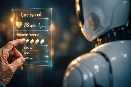 Elderly hand interacting with holographic health interface displaying Care Synced heart rate and medication schedule reflected in robotic arm companion for home health technology