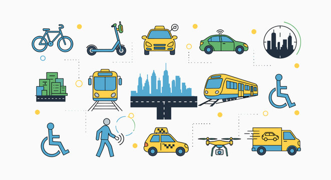 Diverse collection of modern transportation methods and urban mobility concepts, including autonomous vehicles, public transit, and personal mobility devices.