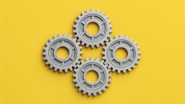 Four interlocking metal gears on yellow background with interlocking mechanical teamwork connection