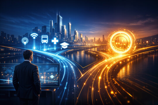 Universal Basic Services versus Universal Basic Income crossroads futuristic city infrastructure dashboard showing public services icons and coin energy field policy choice concept