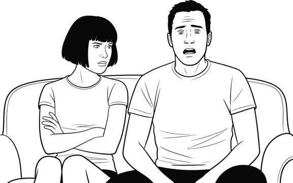 Comic Style Domestic Argument Couple Sitting on Sofa Illustration