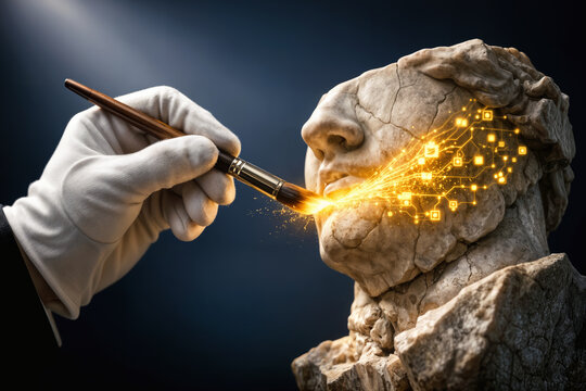 Art conservator applying luminous golden blockchain restoration brushstroke to cracked marble statue fragment symbolizing NFT 2.0 art investment and museum tokenization future of art cultural heritage