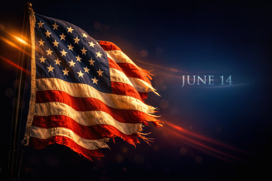 Flag Day June 14 weathered American flag with frayed stars and stripes dramatic golden hour light patriotic Old Glory national symbol for Flag Day June 14 commemoration
