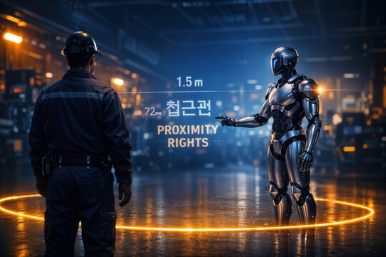 Worker and chrome humanoid cobot facing off across glowing Proximity Rights boundary in high-tech manufacturing facility with Korean labor law glyph