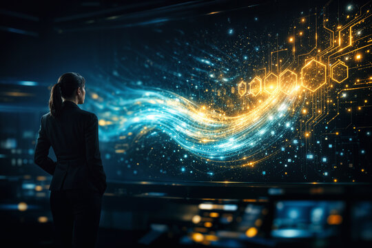 Female meteorologist viewing holographic atmospheric river data visualization with AI warning system hexagonal shields for flood prevention and climate forecasting resilience