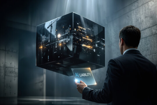 Business executive reaching toward floating obsidian black cube reflecting construction blueprints and algorithmic error codes holding holographic document reading AI LIABILITY corporate risk concept