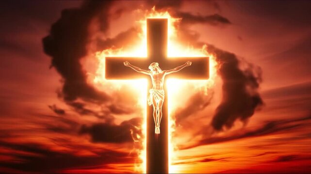 Jesus Christ on a cross glowing at sunset. Cross with man icon and spiritual concept. Religious symbol for resurrection.