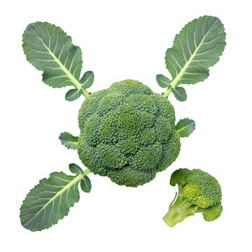 Fresh green broccoli vegetable head with leaves and a small floret