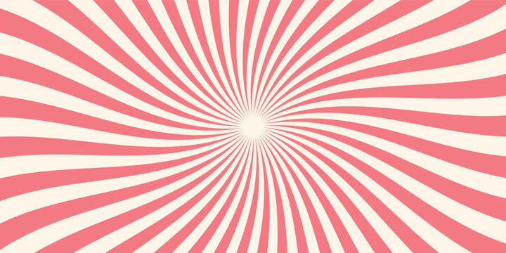 Pink ice cream and candy swirl background, lollipop vortex patterns intermixed with strawberry and circus elements. Retro spiral design. Flat vector illustration isolated