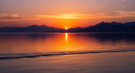 Obraz premium Calm sea water with distant mountain horizon under soft sunset sky creating peaceful mood