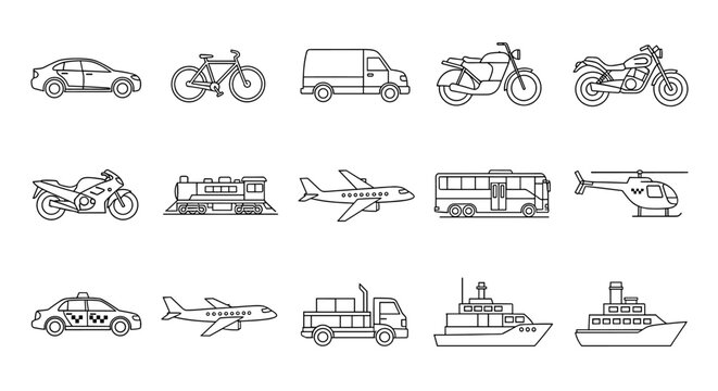 A collection of diverse transportation vehicles depicted in a clean, minimalist line art style, showcasing various modes of travel.