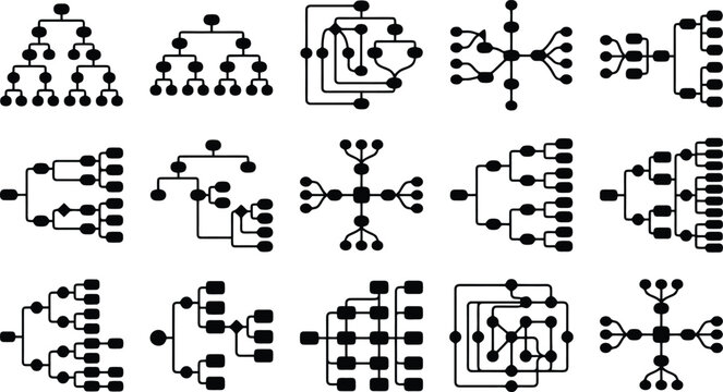 Hierarchical flow chart icons set, organizational structure diagrams, black vector logic tree schematics for business process mapping and data visualization