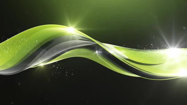 Flowing green and gray striped ribbons with glowing light on dark background. Modern abstract animation for advertising and presentation.