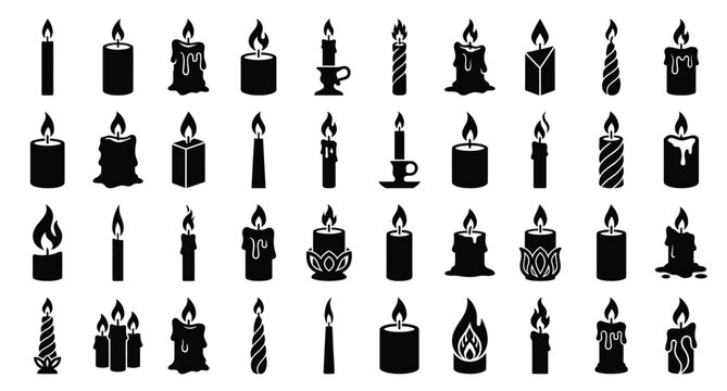 A professional vector silhouette collection featuring 40 diverse variations of a burning candle .eps