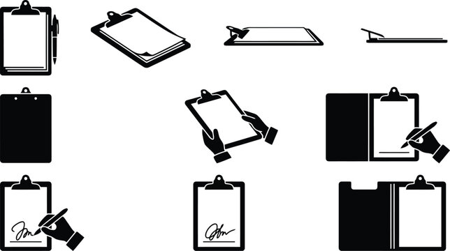 Sammlung von schwarzen und wei&szlig;en Clipboard-Symbolen, die verschiedene Ansichten und Interaktionen mit Dokumenten zeigen.