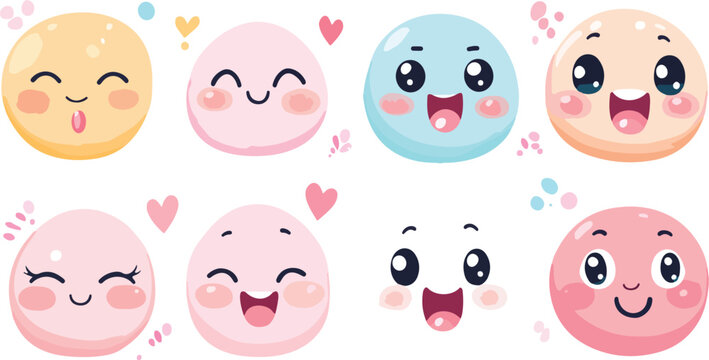 Cute funny cartoon Easter eggs set with smiling faces, hearts, kids, family, animals and sweet characters vector illustration icons