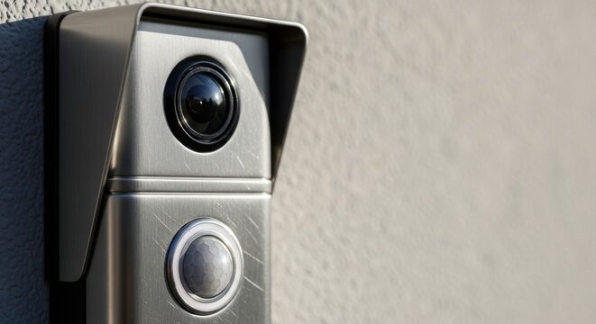 Close-up of a modern brushed stainless steel doorbell with integrated camera and button mounted on a textured wall.
