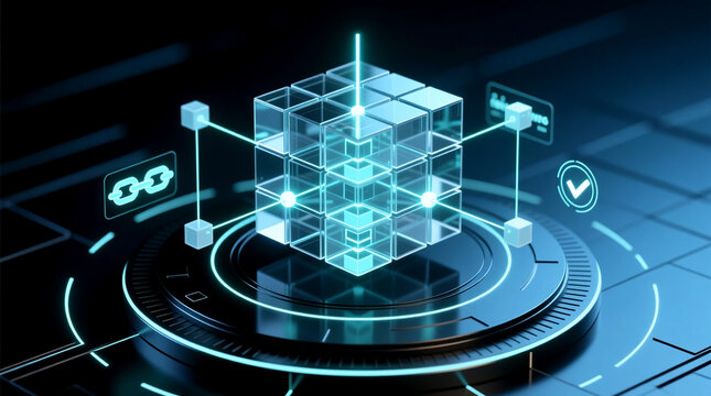 Digital finance ecosystem in Blockchain technology concept with glowing digital cube decentralized data network infrastructure on dark blue background