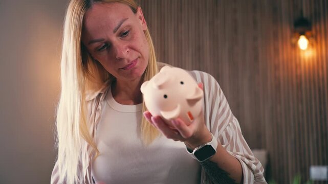 Frustrated woman shaking an empty piggy bank, symbolizing financial crisis, bankruptcy, poverty, economic recession, unemployment, and lack of savings