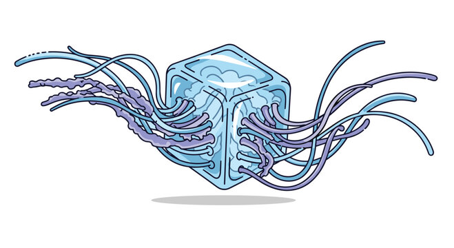 Unique cartoon-style vector illustration of a cubic box jellyfish, with its distinct bell shape and numerous long tentacles, a fascinating marine creature.